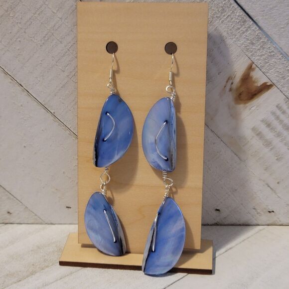 Upcycled Blue Shell Dangle Earrings - Picture 1 of 4